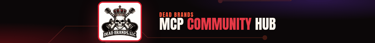 Dead Brands MCP Community Hub, with the Dead Brands, LLC crowned skull and crossed guitars logo